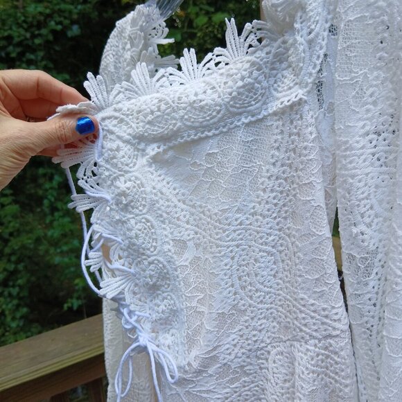 White Lace & Eyelet Lace Up Front Long Puff Sleeve Baby Doll Mini Dress Sz L - Picture 6 of 12